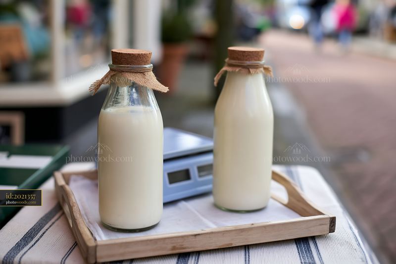 Artisan milk bottles on a street market stall