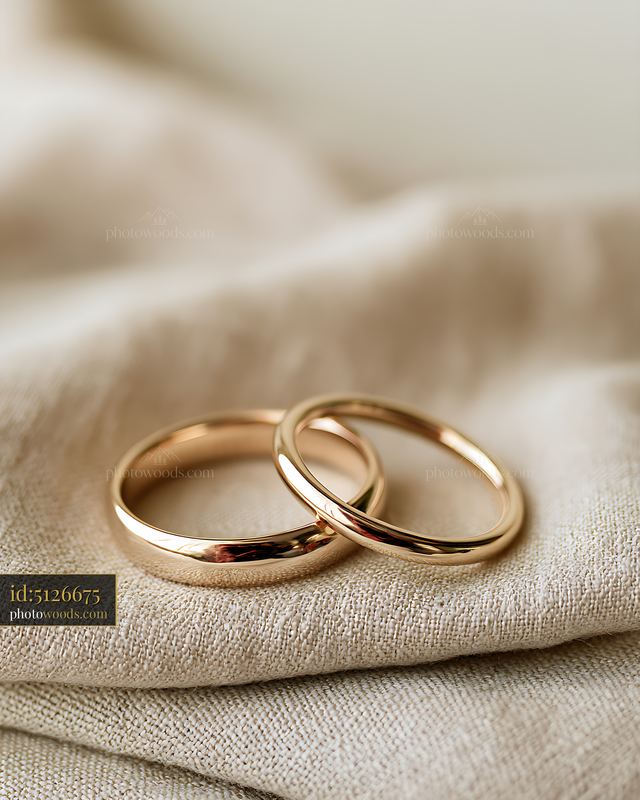 Two simple gold wedding bands on a soft fabric surface