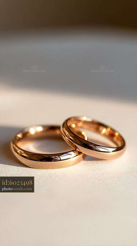 Golden wedding rings resting on a beige surface