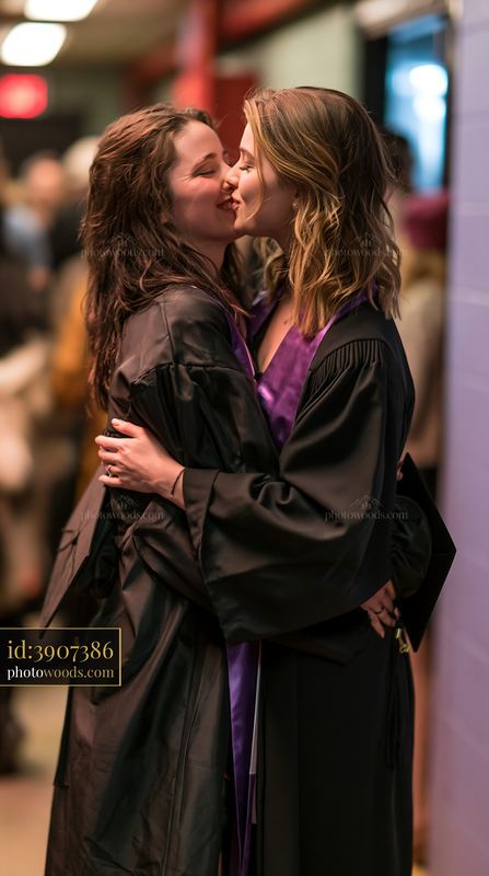Graduation Couple Kissing in Academic Gowns