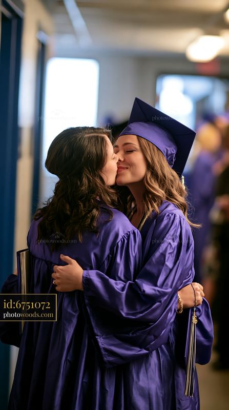 Two graduates embracing and sharing a kiss at an indoor celebration