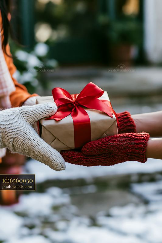 Hands exchanging a wrapped gift with a red ribbon