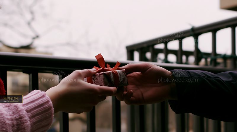 Hands exchanging a small holiday gift by a balcony railing