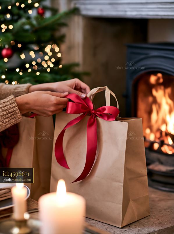 Holiday shopping bags beside fireplace with decorated Christmas tree