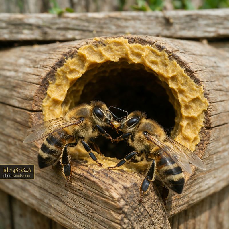 Honey bee interacting with another bee at a beehive entrance