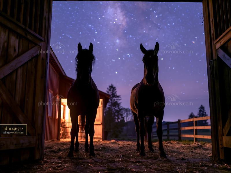 Horse silhouettes against a starry sky at a stable entrance