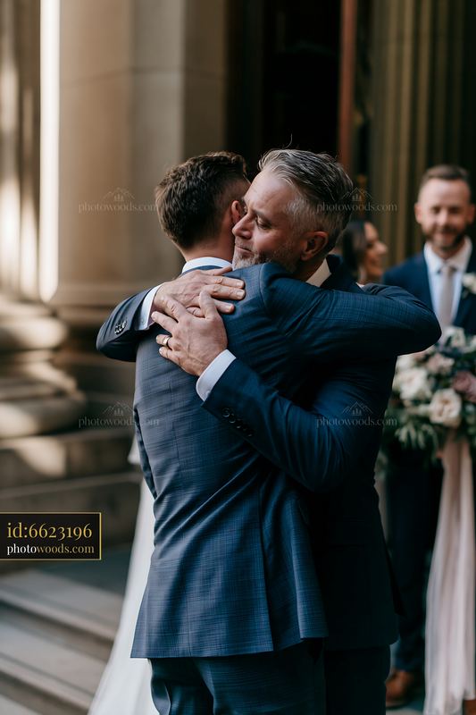 Emotional embrace between two men at a wedding ceremony