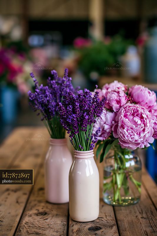 Milk bottles and flowers on a market table