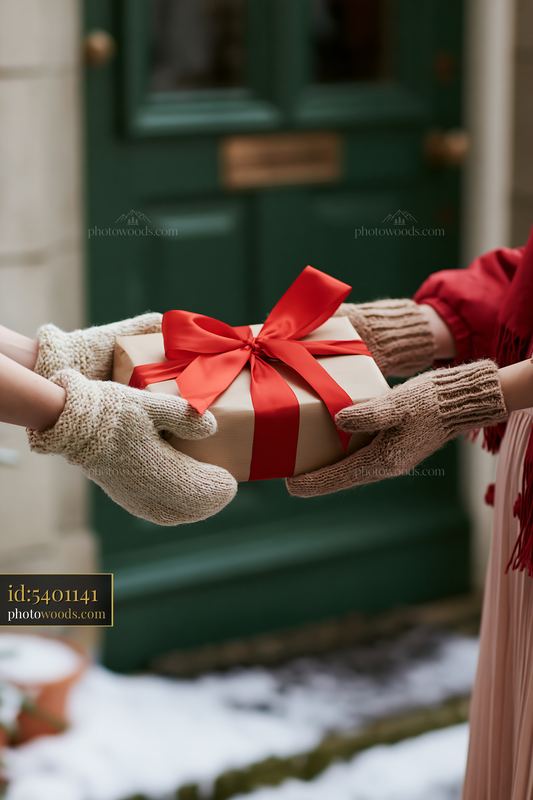 Hands exchanging a wrapped holiday gift