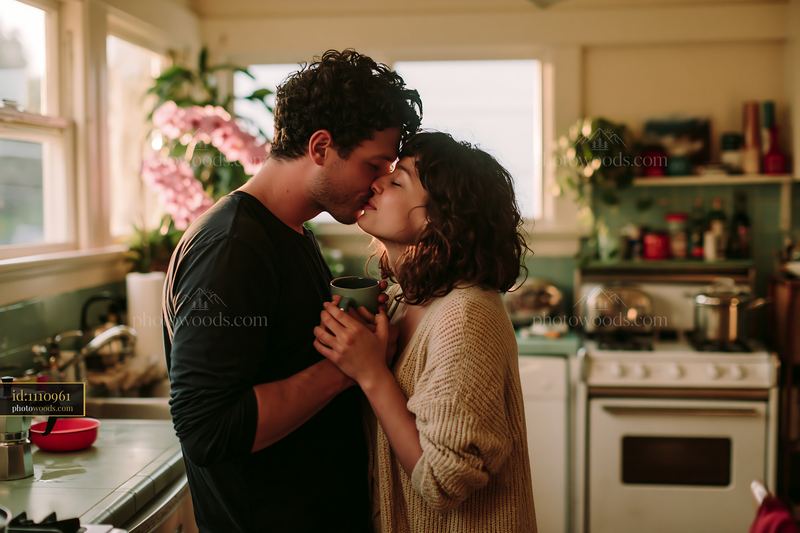 Couple sharing a tender kiss in a warm home kitchen