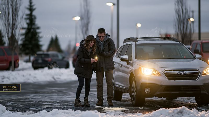 Couple preparing for a winter road trip beside a car