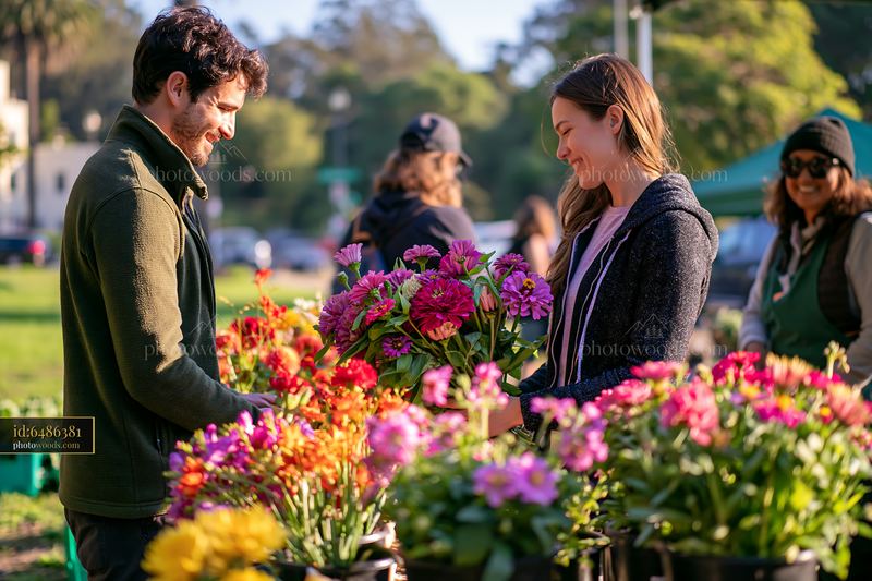 Mixed seasonal flowers at farmers market with people shopping