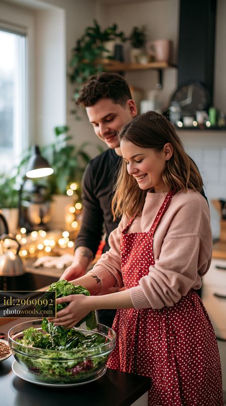 Couple preparing a salad in a warmly decorated kitchen