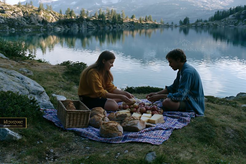 Two people share a picnic of bread, cheese, and fruit beside a mountain lake.