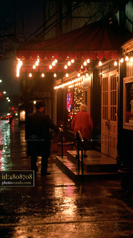 Christmas lights reflected on wet pavement outside a storefront
