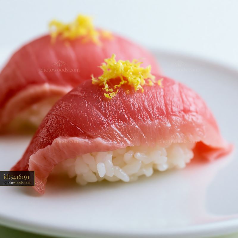 Sushi with lemon garnish served on a white plate