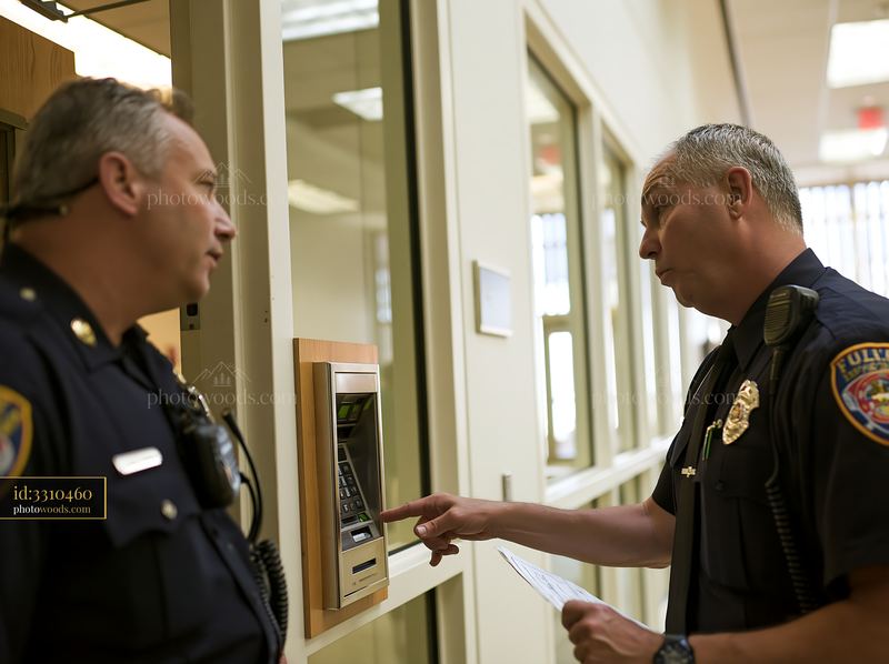 Police officers inspecting an indoor access control checkpoint