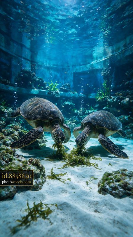 Two sea turtles feeding underwater in an aquarium