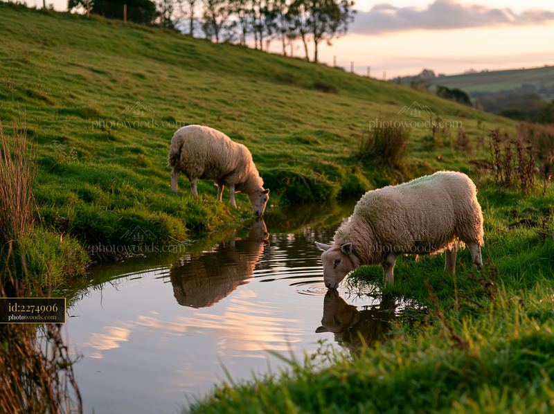 Sheep grazing on meadow hillside by water source at sunset