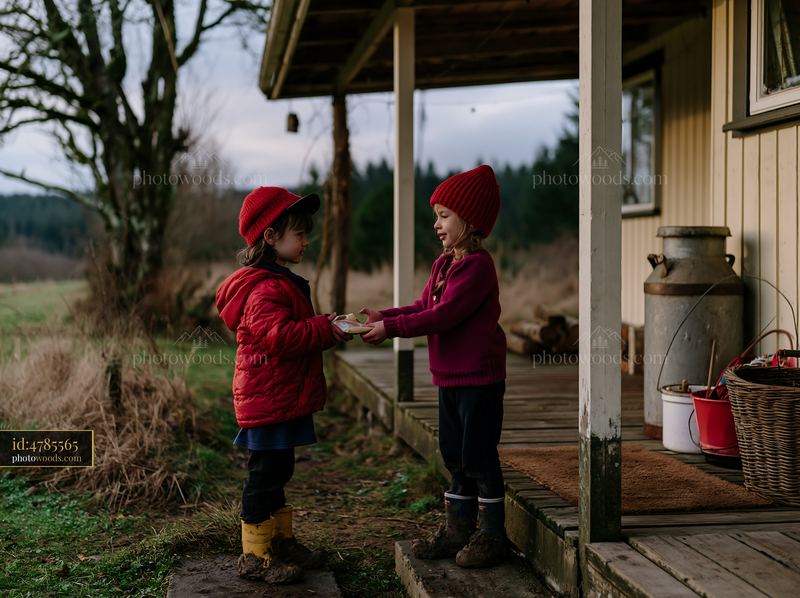 Siblings exchanging Christmas gifts on a porch in nature