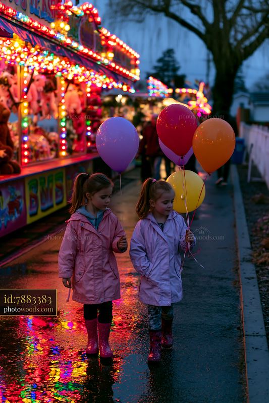 Siblings holding balloons at fairground under colorful lights