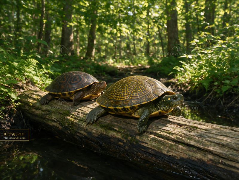 Two turtles on a fallen log in a sunlit forest
