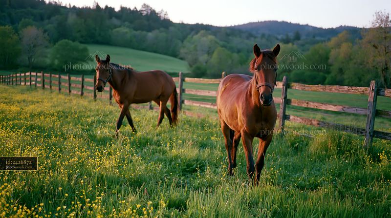 Wild horses in a field with bright spring flowers