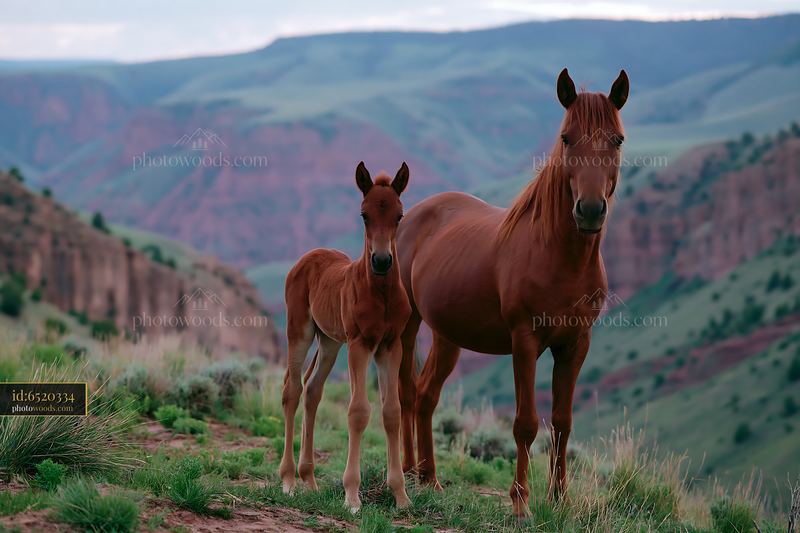 Wild horses grazing near canyon cliffs at dusk