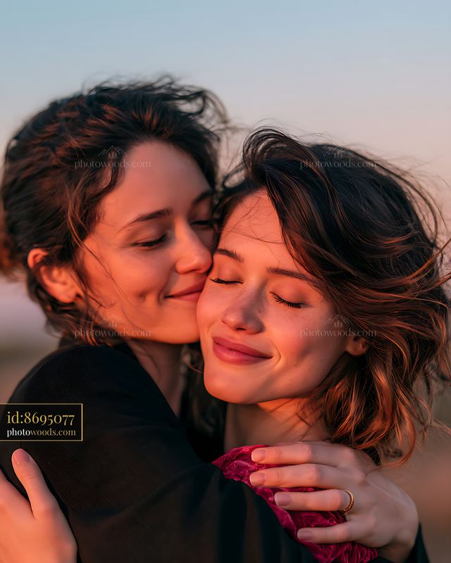 Couple embracing in a warm sunset setting