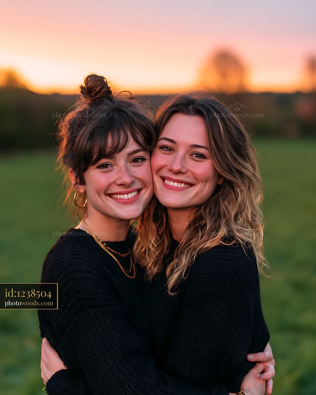 Two Women Laughing Together in a Sunset Field