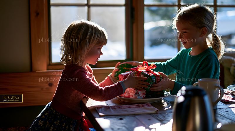Siblings exchanging Christmas gifts at a cozy indoor setting