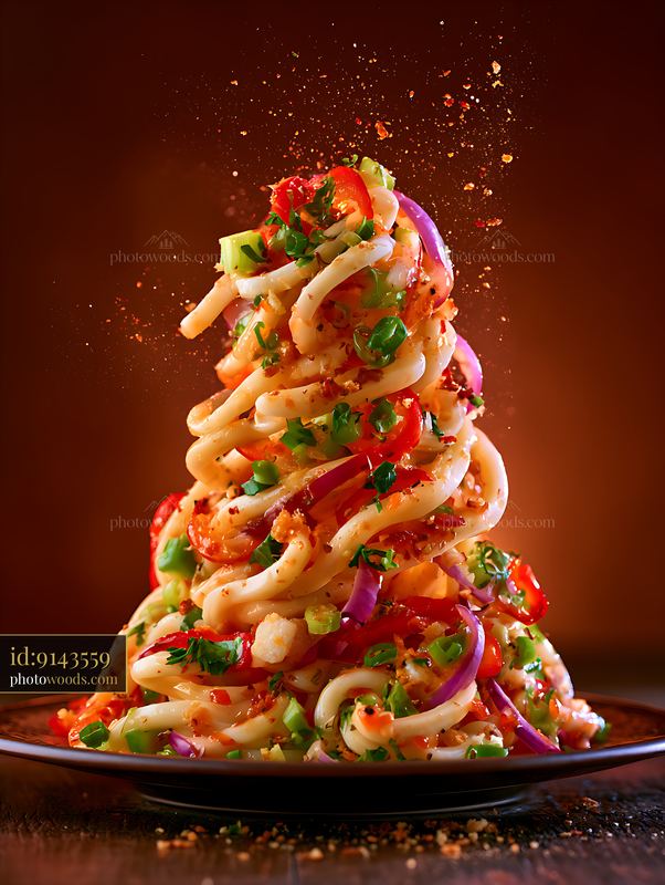 Udon Noodles Stacked With Colorful Vegetables and Spices