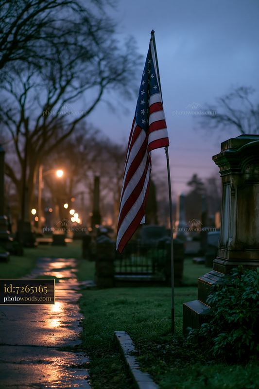 US flag beside a cemetery monument after dark