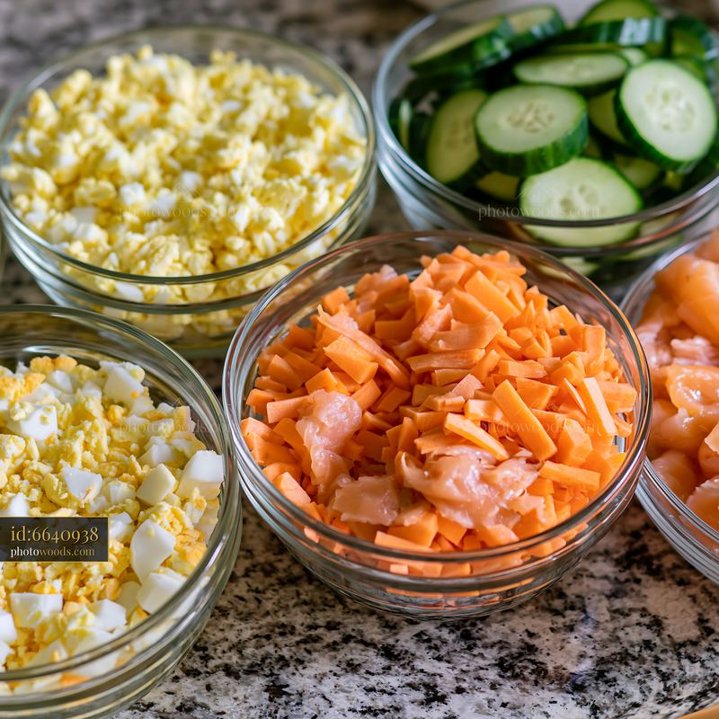 Sushi ingredients arranged on counter with fresh vegetables