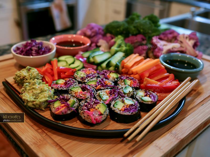 Vegan sushi platter with fresh vegetables and dips on a wooden board