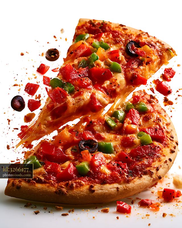 Vegetable Pizza Slice With Peppers and Olives Flying off a Plate
