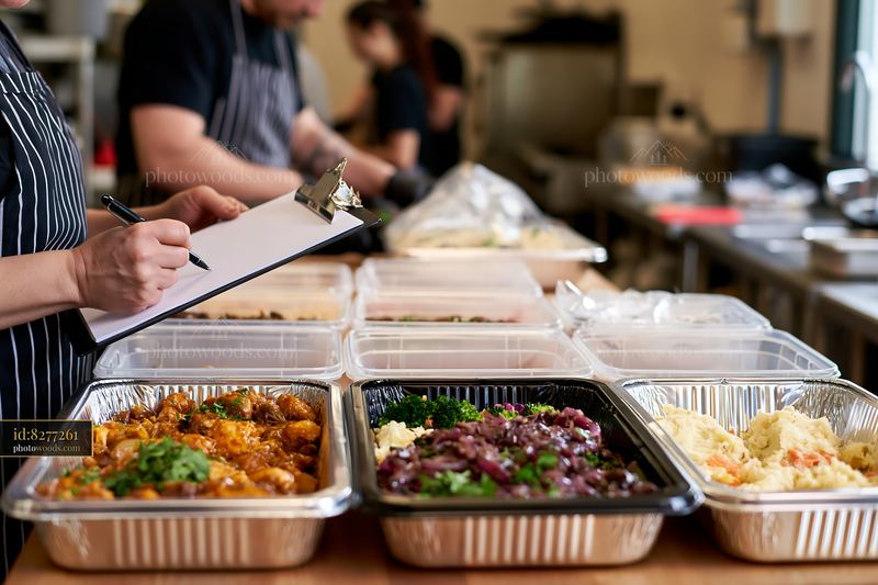 Volunteers packing buffet leftovers for donation in a kitchen