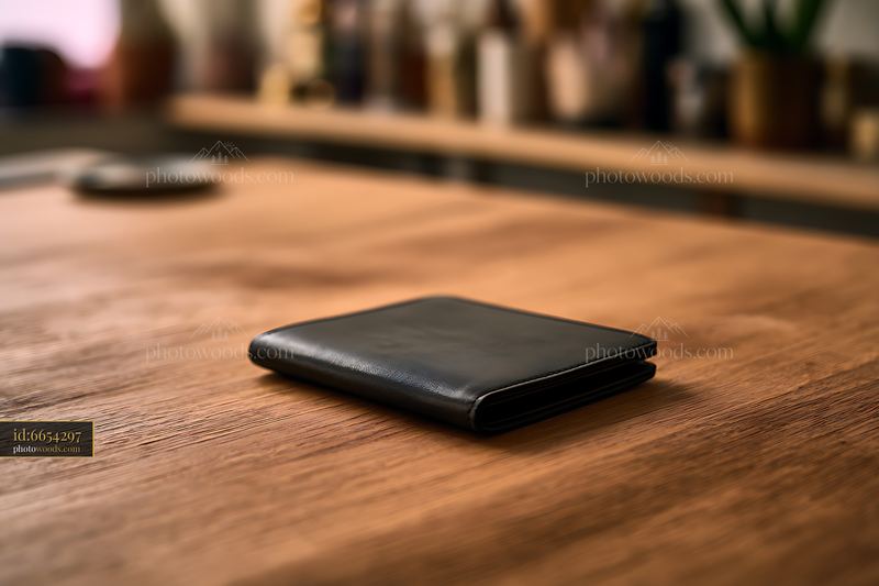 Wallet Resting on a Wooden Table in a Cozy Indoor Setting