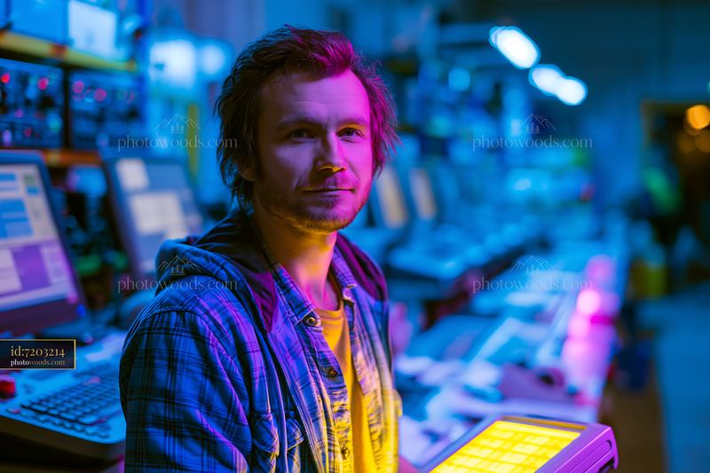 Warehouse Worker Scanning Items at Night in a Digital Environment