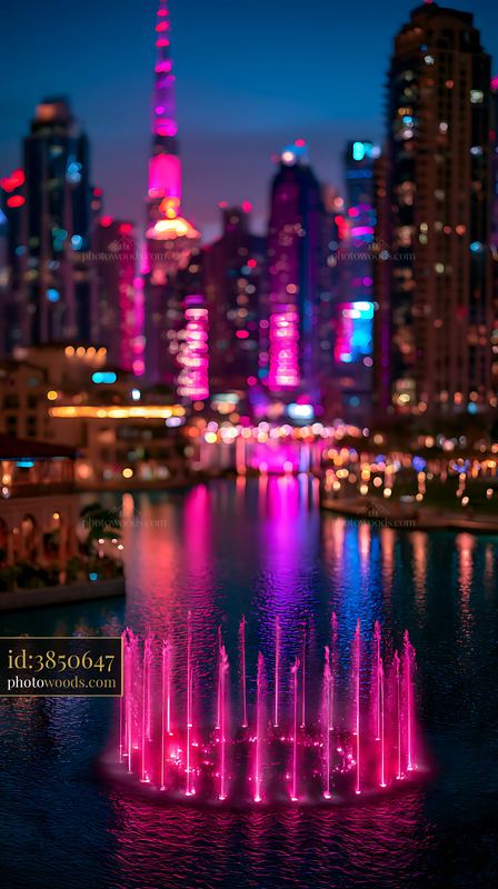 Colorful fountain display in Dubai at night