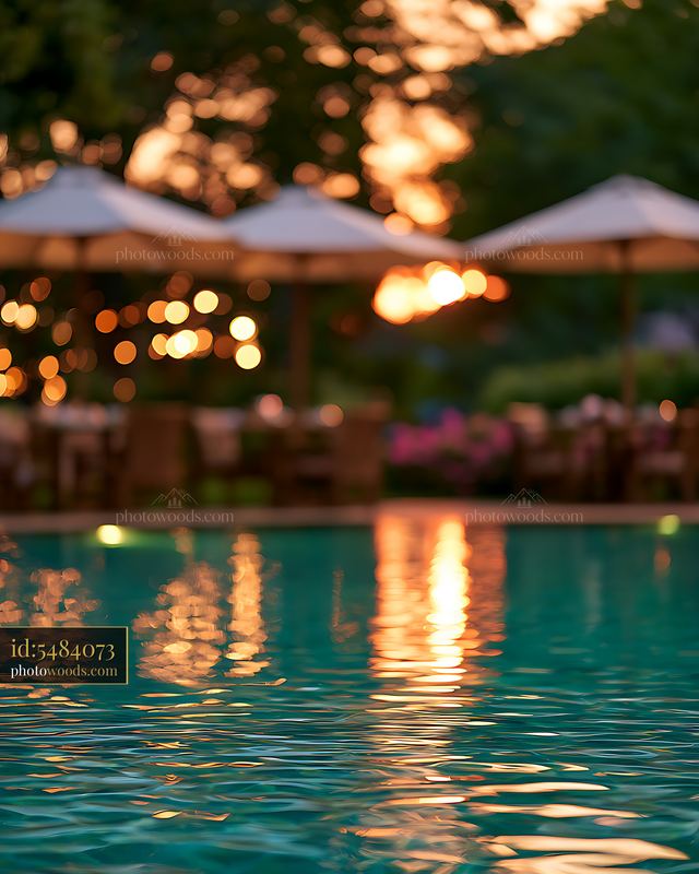 Evening reflection on a pool with garden seating