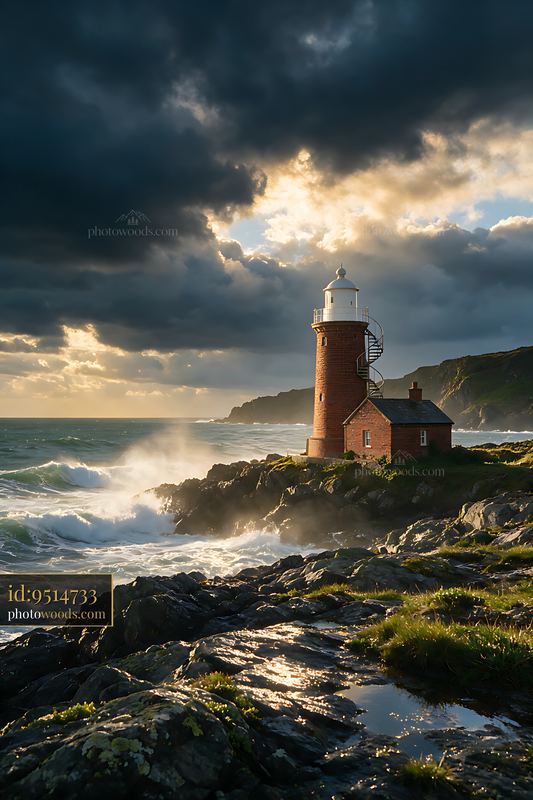 Lighthouse beneath dramatic clouds in coastal landscape
