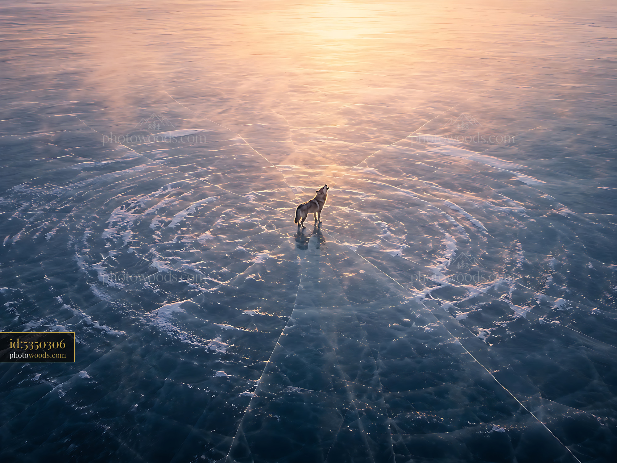 Dog Stands Alone on Ice With Sunset in Background