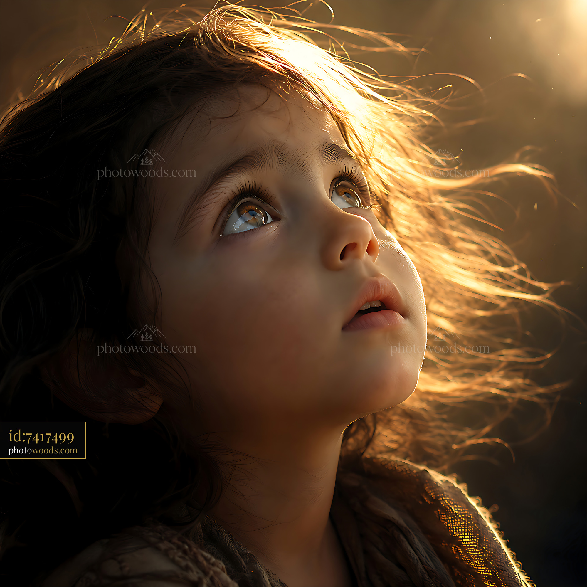 Girl With Flowing Hair Looks up Towards Soft Light in Nature