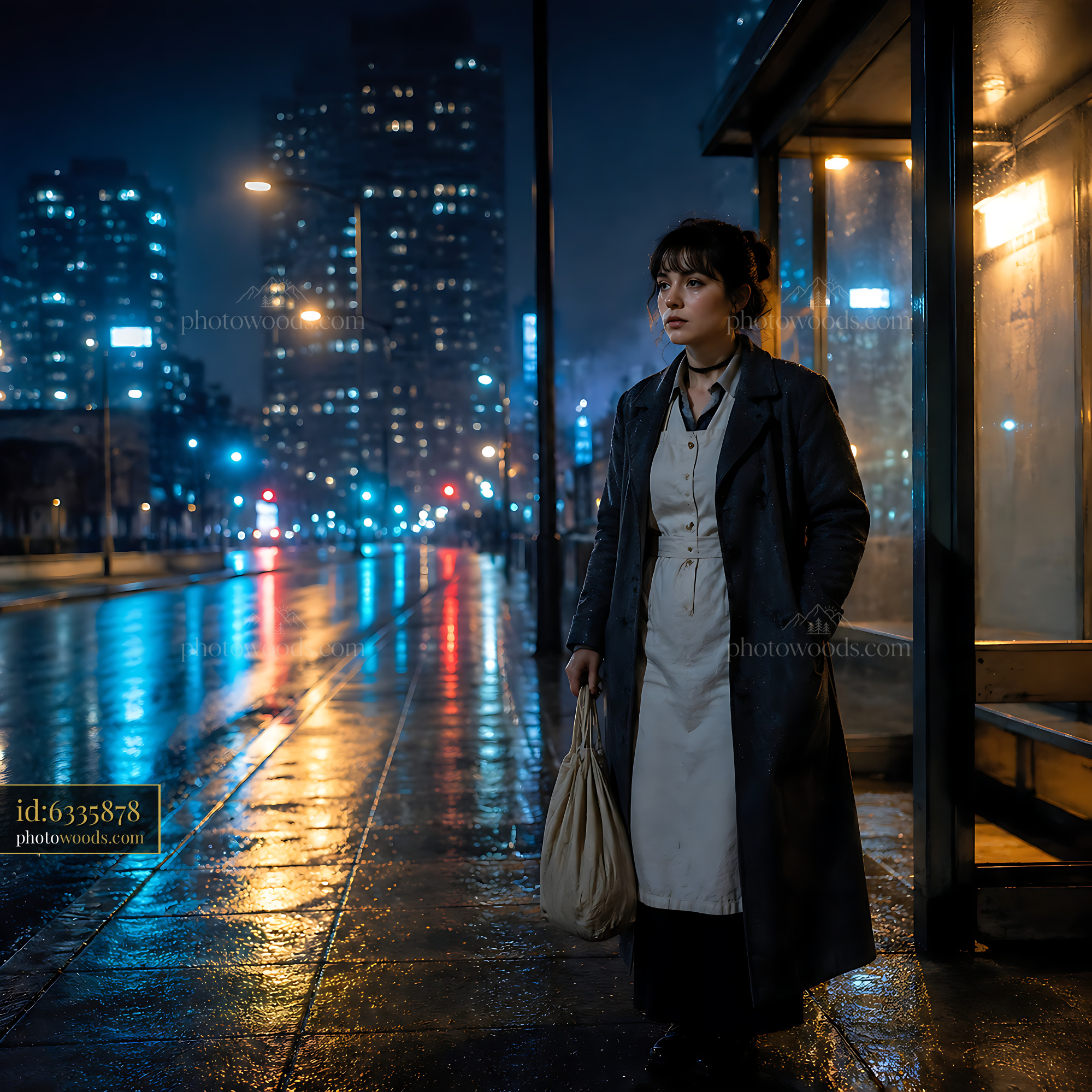 Woman Stands at Bus Stop During Rainy Night in City
