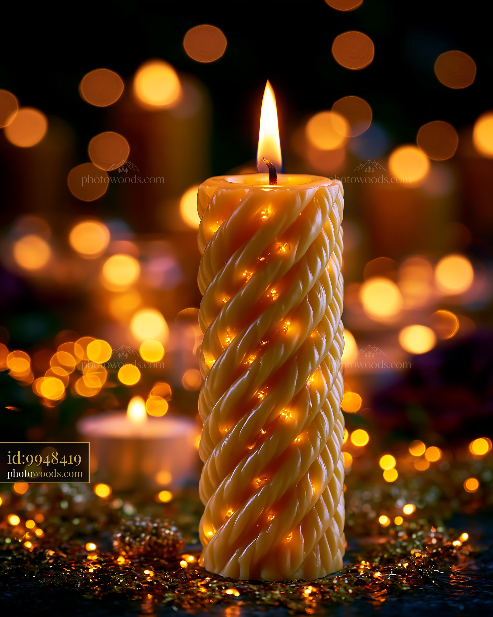Spiral Twisted Candle With Warm Flickering Light and Bokeh Effects
