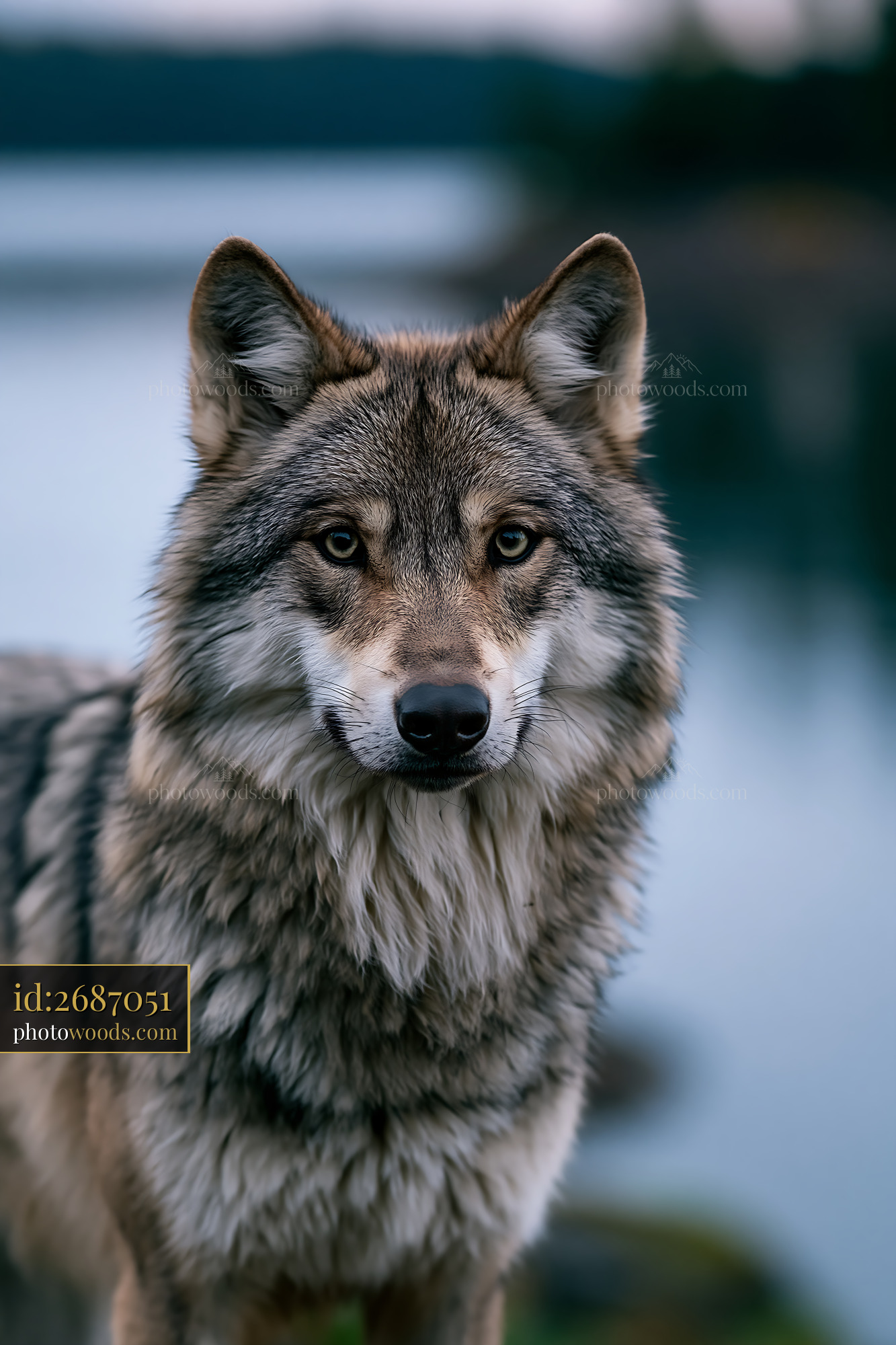 Wolf Stands Near Water With Soft Light in the Background