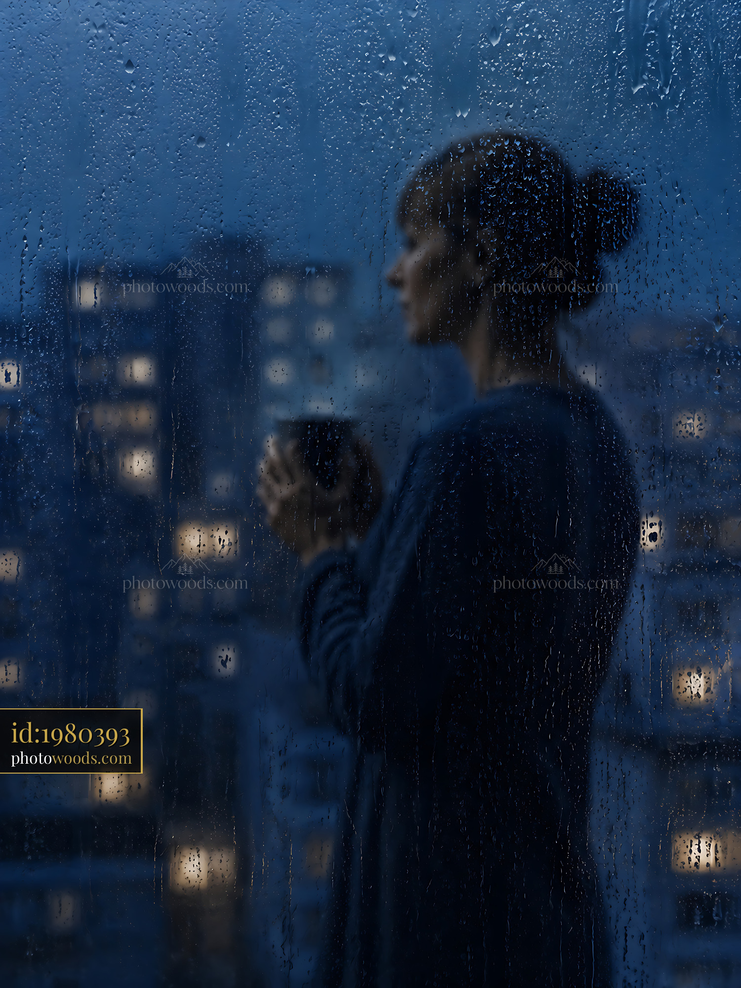 Woman Holding Cup of Coffee Looking out Window on Rainy Night