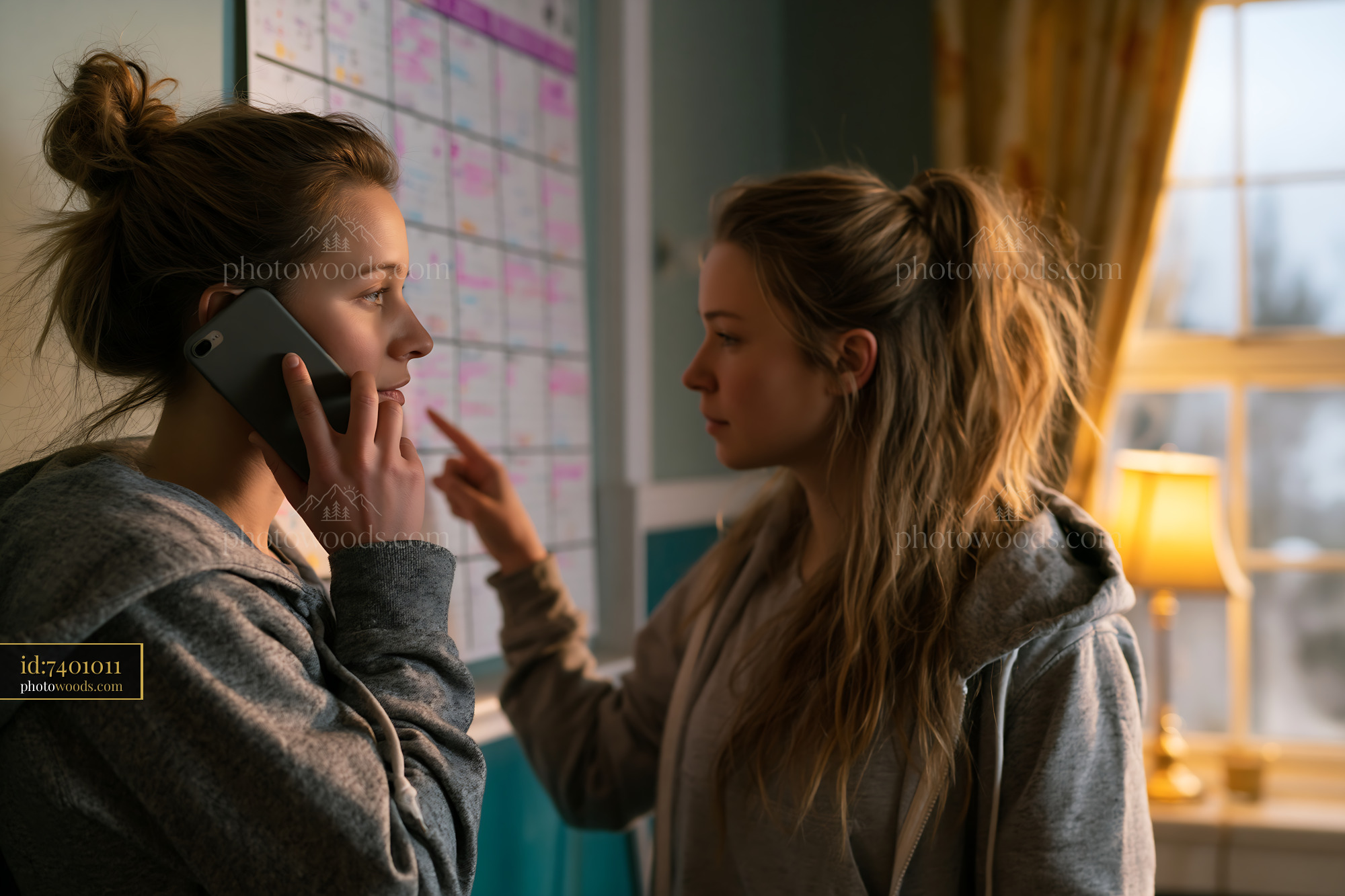 Daughters Discussing Care Plans by Phone and Calendar