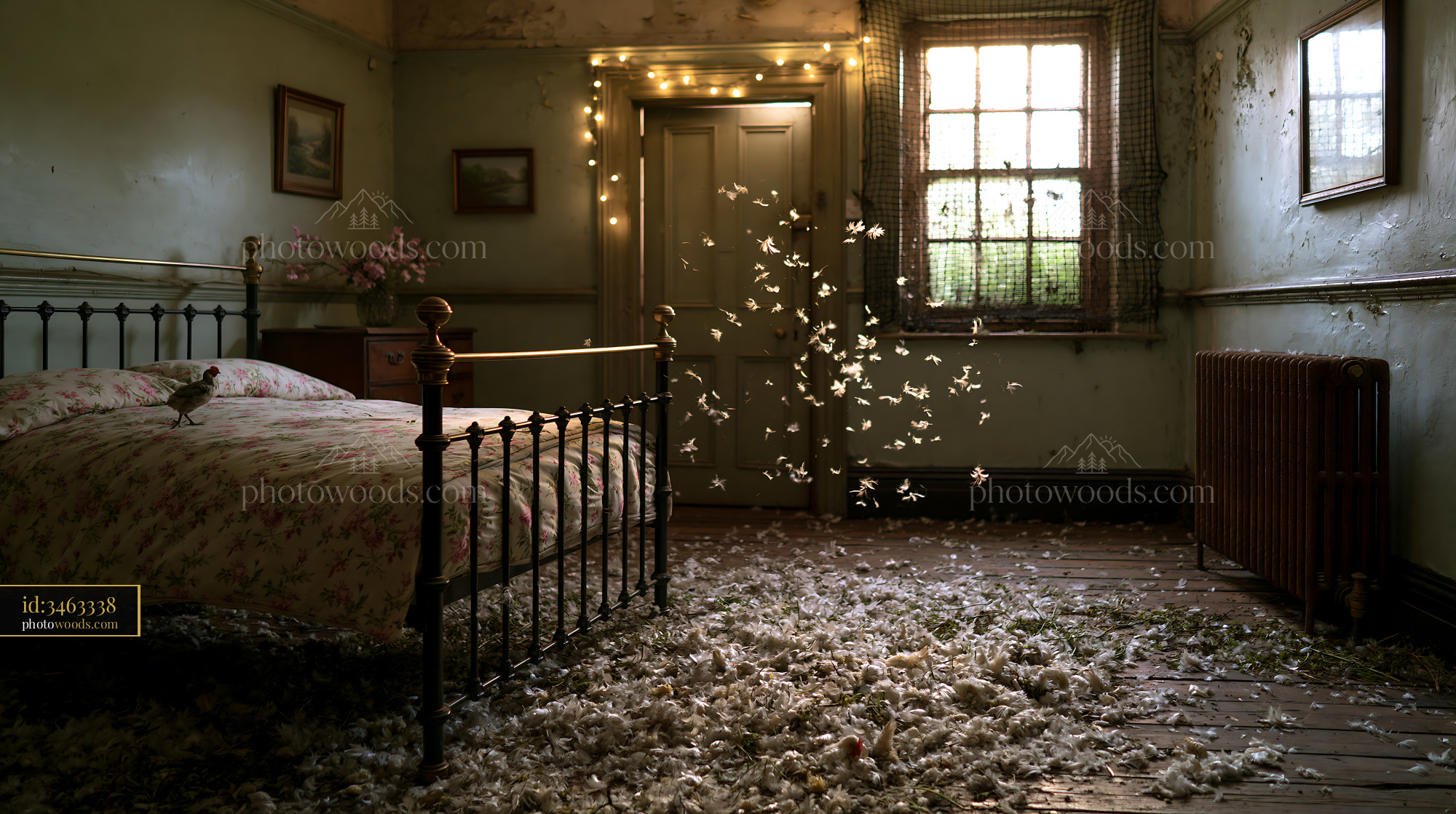 Bedroom With Iron Frame Bed and Flying Feathers in Rural Setting
